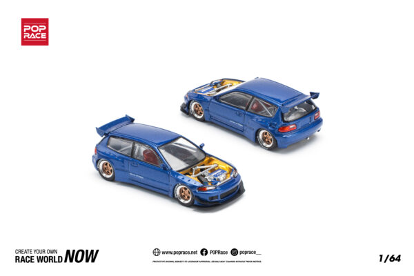 1 (4) Pop Race 1/64 Pandem EG6 Metallic Blue With Open Hood PR640174