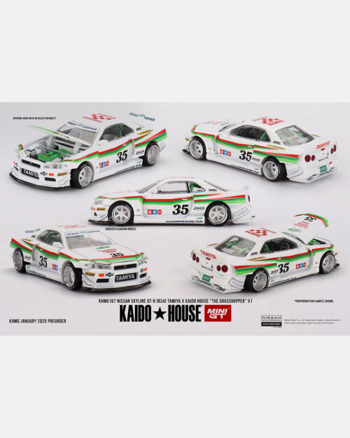 Mini GT 1/64 Nissan Skyline GT-R (R34) TAMIYA x KAIDO HOUSE "The GRASSHOPPER" V1 KHMG167