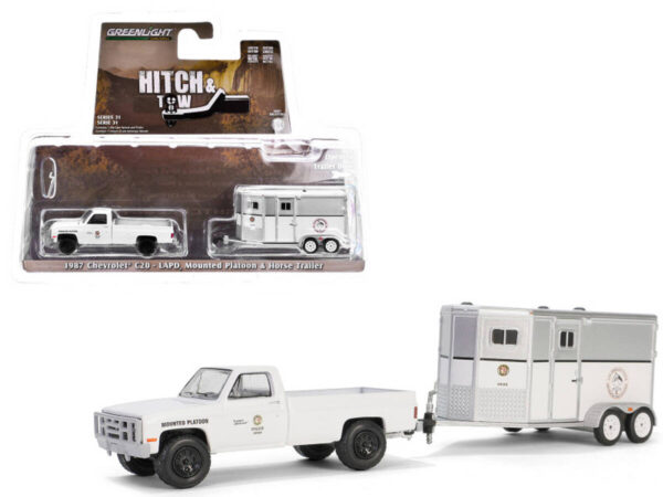 Greenlight 1/64 Hitch & Tow Series 31 - LAPD Search and Rescue - 1987 Chevrolet C20 with Mounted Platoon Horse Trailer 32310-C