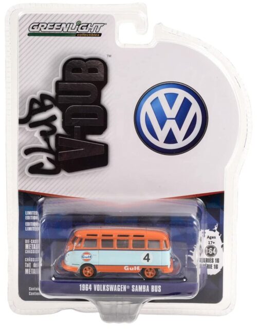Greenlight 1:64 Club Vee-Dub Series 16 - 1964 Volkswagen Samba Bus - Gulf Oil Racing #4 Solid Pack 36070-B
