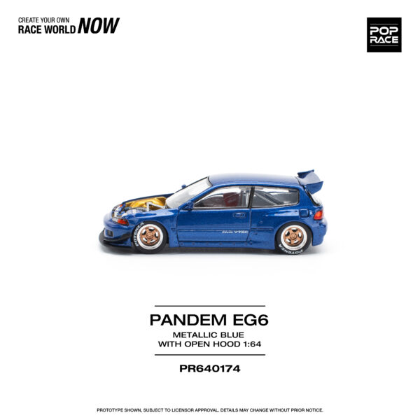 6 (1) Pop Race 1/64 Pandem EG6 Metallic Blue With Open Hood PR640174