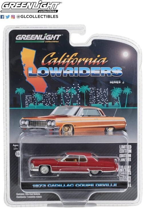 Greenlight 63040-E California Lowriders Series 3-1973 Caddy Coupe deVille - Custom Maroon 1/64 Scale