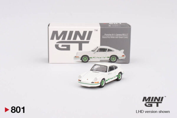 Mini GT 1/64 Porsche 911 Carrera RS 2.7 Grand Prix White with Green Livery MGT00801