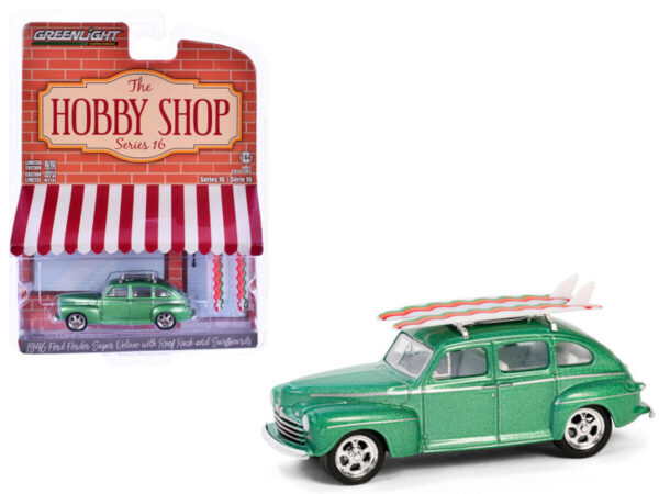 Greenlight 1/64 The Hobby Shop Series 16 - 1946 Ford Fordor Super Deluxe Green Metallic with White Interior and Roof Rack with Surfboards 97160-A