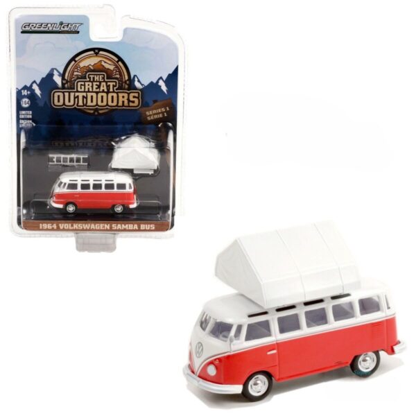 gl39120d Greenlight 1:64 - 1964 Volkswagen Samba Bus w/ Cartop Sleeper Tent - 38010-A