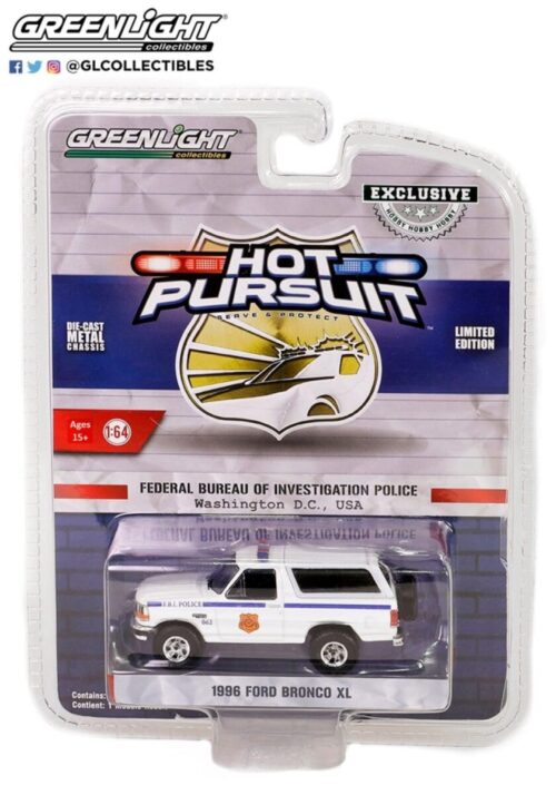 Collectibles Greenlight 43025-A Hot Pursuit Special Edition - FBI Police (Federal Bureau of Investigation Police) - 1996 Bronco XL 1:64