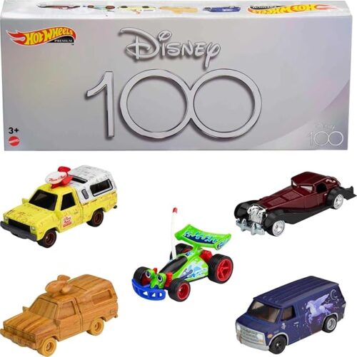 Hot Wheels Mattel Disney and Pixar Cars Bundle, Set of 5 Premium 1:64 Scale Toy Vehicles in Collectable 100th Anniversary Box