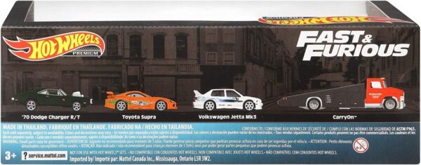 Hot Wheels 986B-GMH39 Premium Collector Set "Fast & Furious" Toyota Supra (1) Dodge Charger R/T (1) Volkswagen Jetta MKIII (1) Transporter (1)