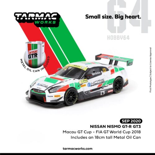 Tarmac Works HOBBY64 1:64 Nisaan Nismo GT-R GT3 - Macau GT Cup - FIA GT World Cup 2018 (includes an 18cm tall Metal Oid Can)